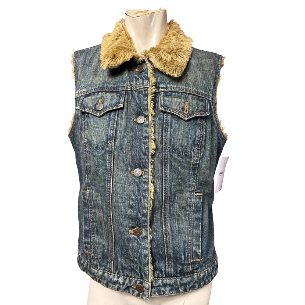 Y2K Gap Vintage 90s Denim Faux Fur Lined Vest Blue Medium